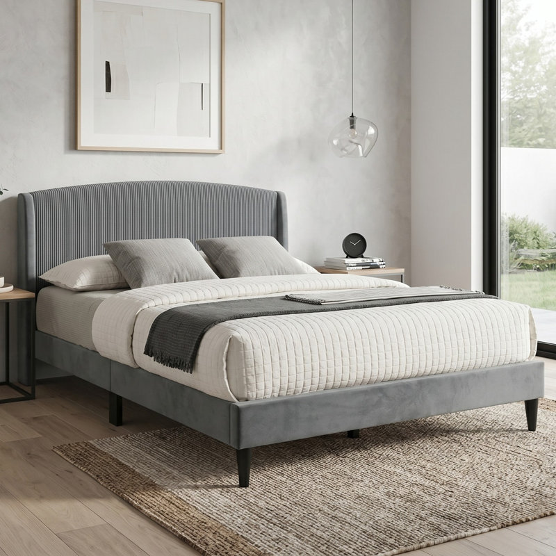 Jolande Contemporary Queen Upholstered Bed with Curved Headboard, Queen, Dark Gray