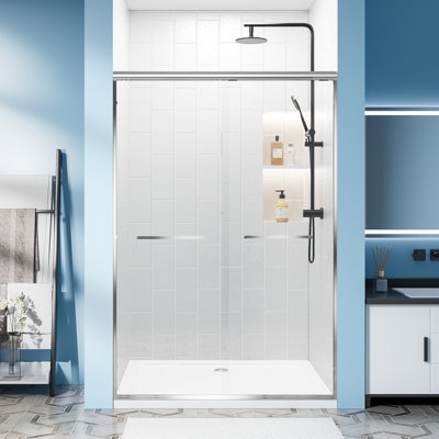 Porte de douche coulissante double demi-cadre l 56 à 60 po x H 72 po avec verre trempé transparent de 1/4 po avec film antidéflagrant, cadre en aluminium, chrome