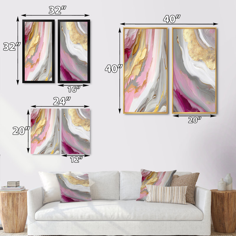 «Pink and Gold Marble Abstract VI», 2 pièces sur toile, Encadrement doré, H 40 po x l 40 po