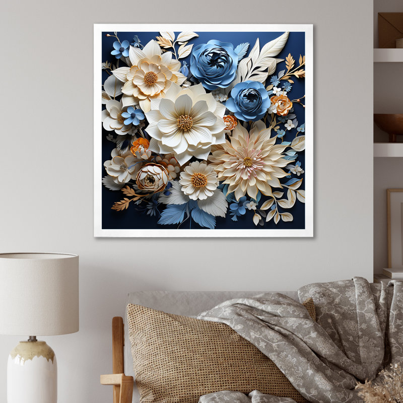«Blue and White Seasonal Flowers Collage IV», art mural fleurs, Cadre simple blanc, H 24 po x l 24 po x P 1 po