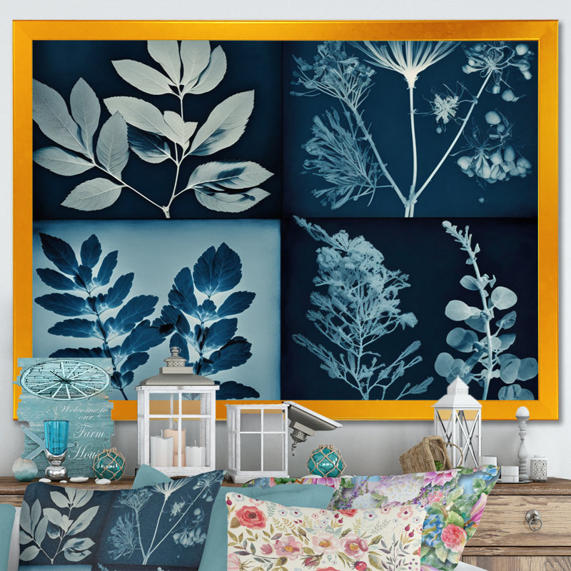 Fleurs sauvages rétro dans les tons de bleu - reproduction sur toile, H 12 po x l 20 po x P 1 po, Encadrement doré