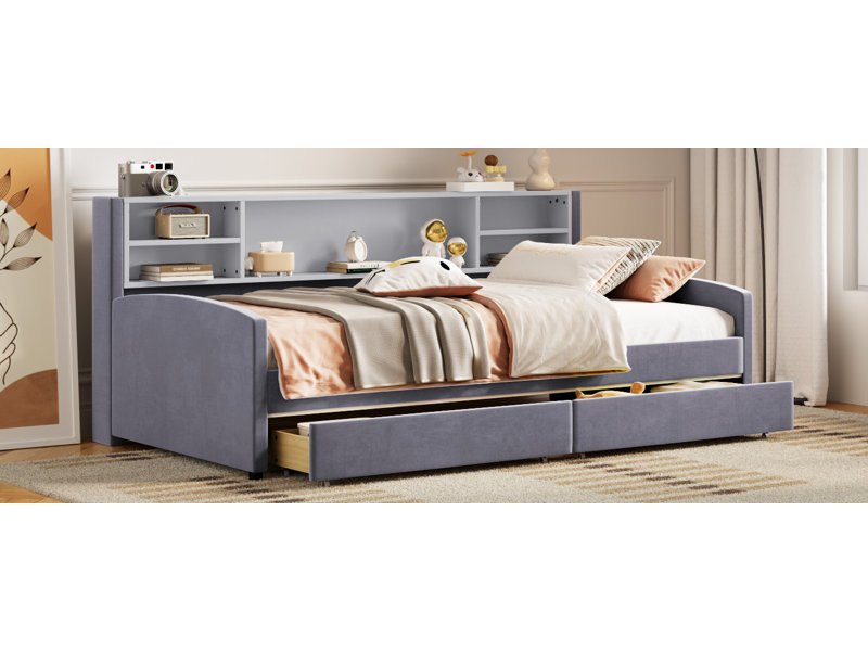 Lit plateforme simple tapissier avec rangement et tiroirs, gris