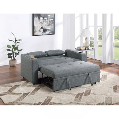 Contemporary  Gray Sleeper Sofa Pillows Plush Tufted Seat 1Pc Convertible Sofa W Cup Holder Polyfiber Couch Living Room Furniture