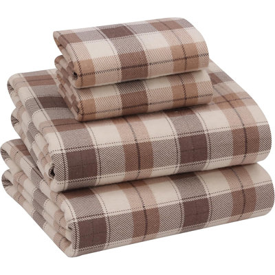 RUVANTI 100% Cotton Flannel Sheets Split King Size 16 inch Deep Pocket, 5 PCs Set, Beige & Grey Plaid