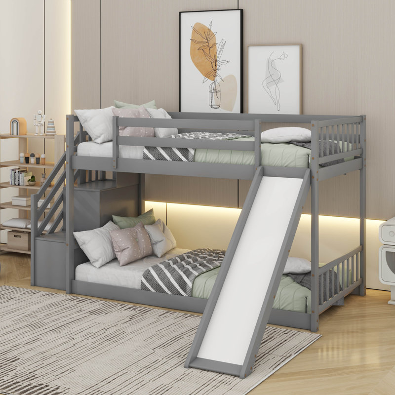 Lit superposé avec glissière convertible et escalier, Gris