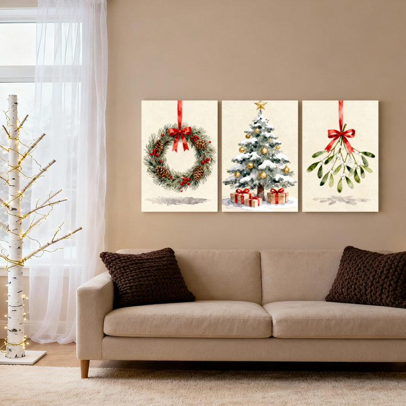 Couronne de Noël, arbre enneigé et gui sur toile, reproduction de style aquarelle (ensemble de 3), H 24 po x l 48 po