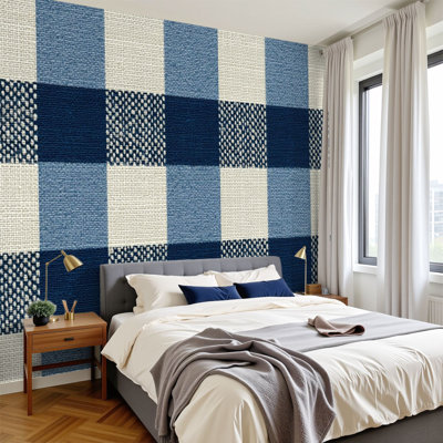 Papier peint adhésif pelez et collez à carreaux bleus de style campagnard avec bordure transparente