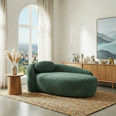 Modern Oval Compression Chaise Lounge Chair With Integrated Backrest & Armrest, Bouclé Upholstered Compact Lounge Chair With Pillow