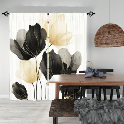 2Pcs Abstract Gold Black Flower Curtains, Modern Art Floral Rod Pocket Window Drapes, Elegant Panel For living room bedroom Kitchen decor, Privacy treatments