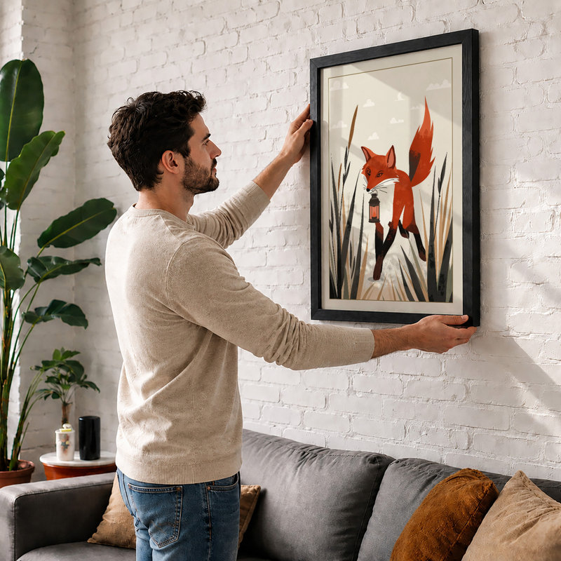 Fox Among the Reeds Boho - Framed Print, A2 - 59.4 x 42.0 cm, Black