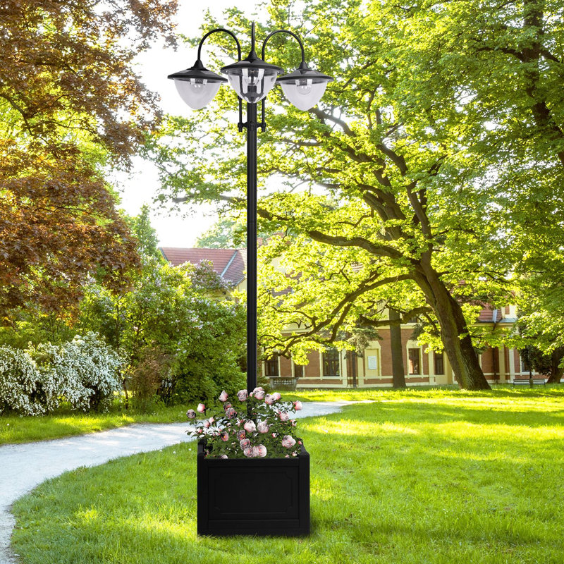 Lampadaire d'extérieur 74,5 "à 3 lumières solaires avec jardinière - éclairage DEL, 6 heures maximum, finition noire pour jardin