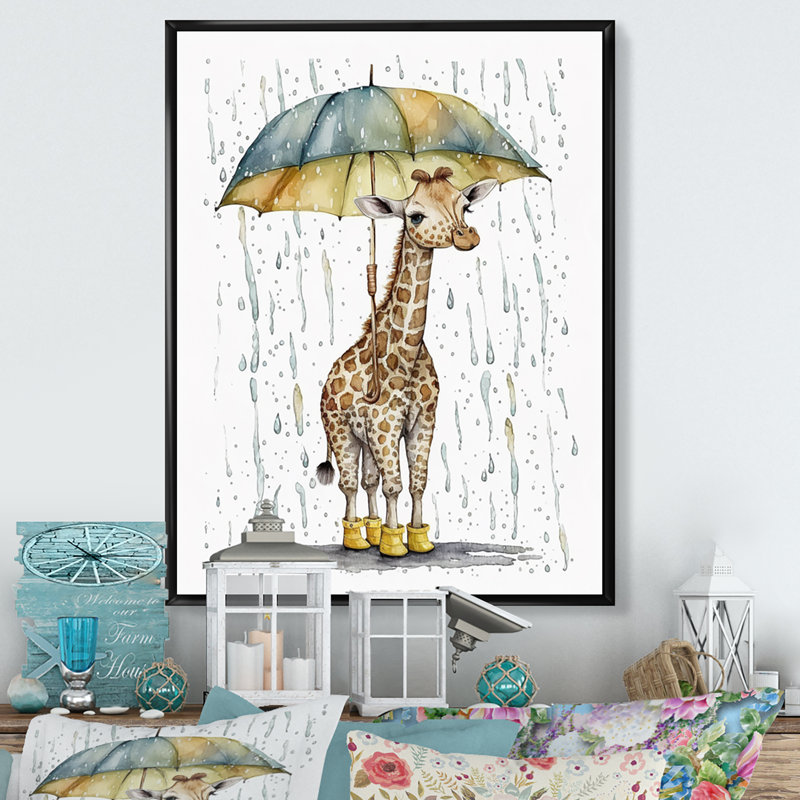 Mignonne girafe avec parapluie, jour de pluie - girafe sur toile, animaux, H 20 po x l 12 po x P 1 po, Cadre flottant noir