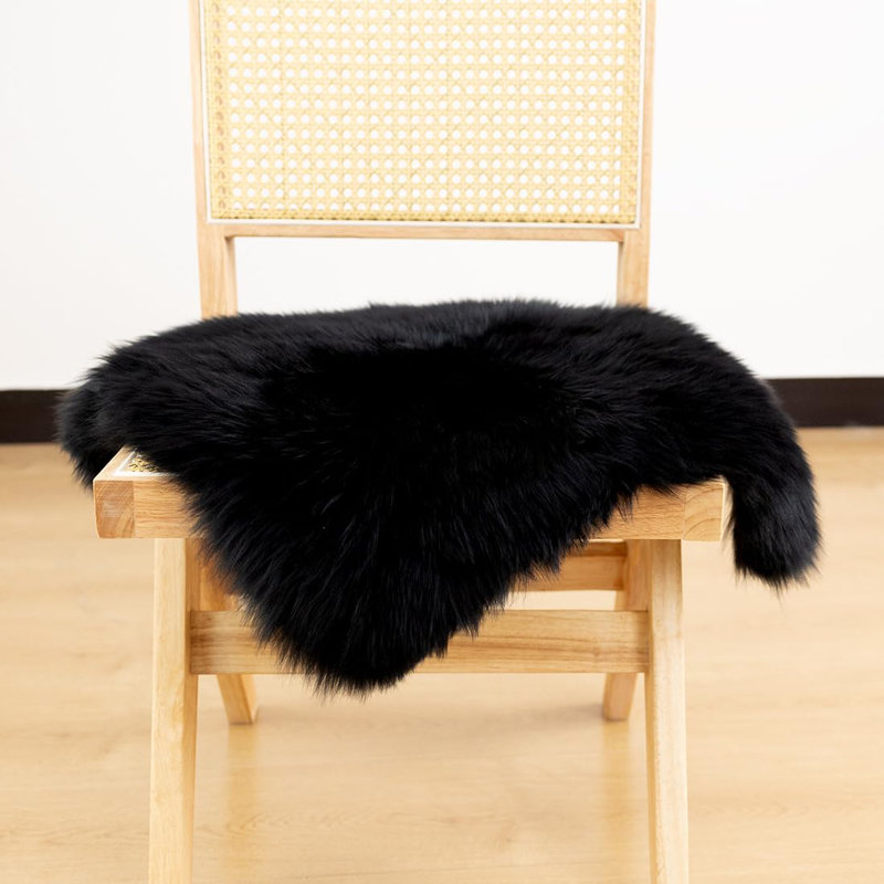 Sheepskin Chair Cushion Non-Slip Back Square Genuine Fur Chair Cover Silky Natural Wool Seat Cushion Pad Soft Area Rugs Carpet, Pack Of 1, Black