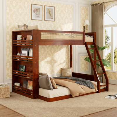 Kids Twin Over Full Bunk Bed, Space-Saving Design, Wood, Rattan Guardrail, Bookcase, Contemporary Minimalist, Kids Bedroom