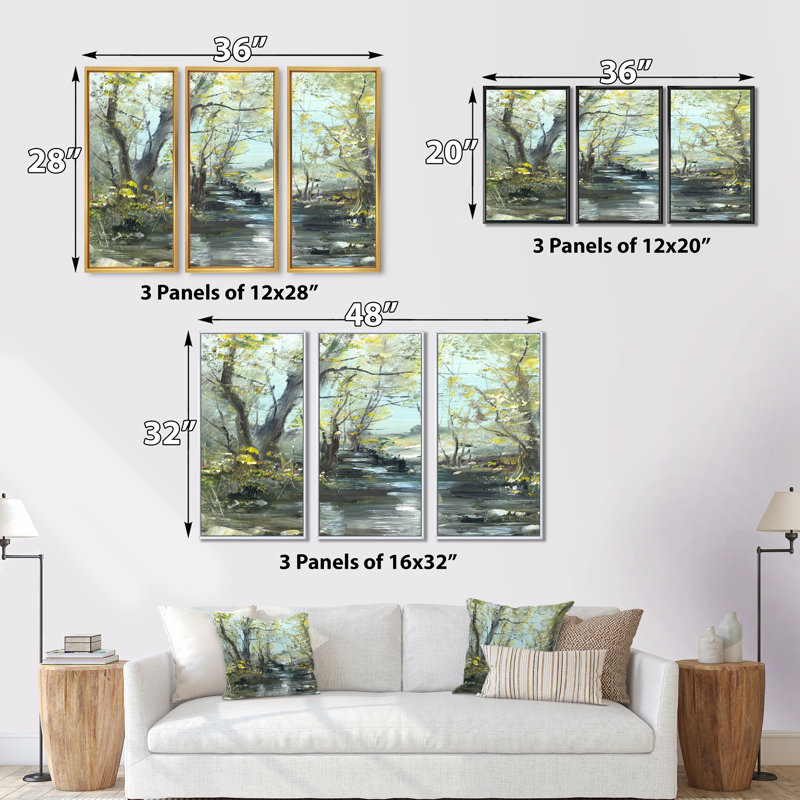 Ruisseau - ensemble d'art mural sur toile encadré paysage de 3, H 28 po x l 36 po x P 1 po, Cadre noir