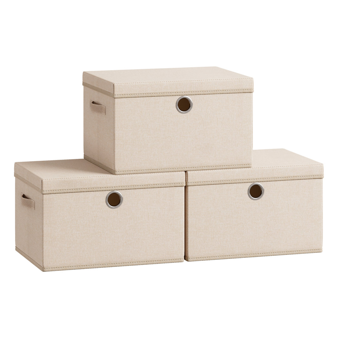 Cube Storage Boxes with Lids, 3 Pack Fabric Organiser Baskets, Odourless PP Sheets, Foldable and Stackable, with Handles, Dove Grey