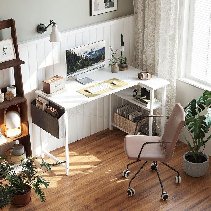 Bureau blanc en L pour bureau à domicile - Tablettes de rangement réversibles, poste de travail d'ordinateur en coin, table d'étude et de jeu