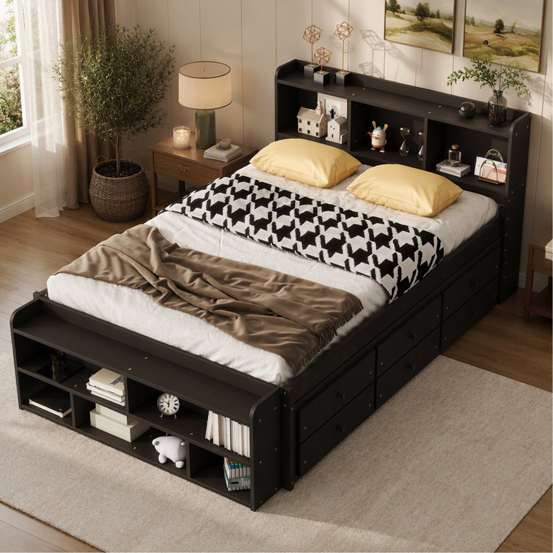 Full Bed with Bookcase Headboard, Under bed Storage Drawers and Bed End Storage Case,Espresso, Espresso