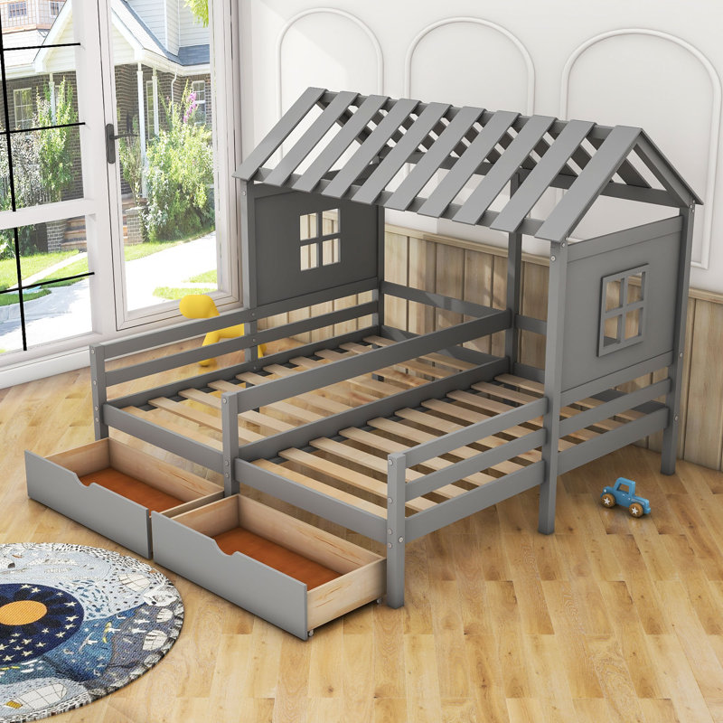 Lit plateforme simple en bois à 2 tiroirs avec lit simple Arnoldine, Gris