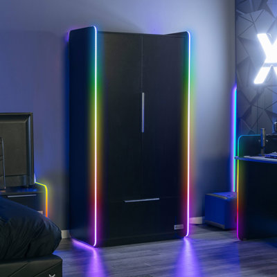 X Rocker Electra 2 Door Wardrobe With Drawer Neo Motion SYNC App Controlled LED Lights - Black