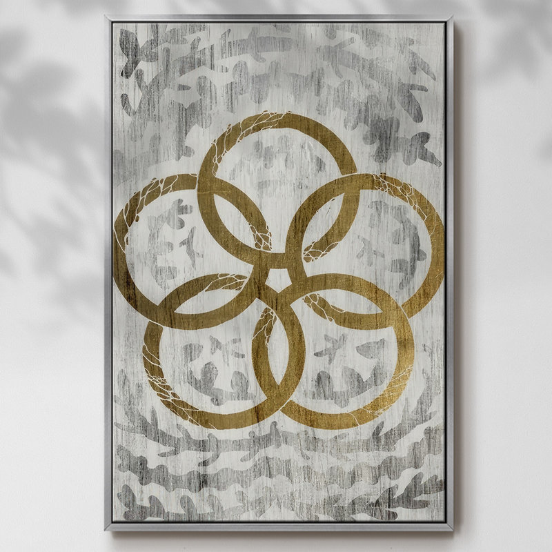 Cinq anneaux d'or - feuille d'or des Fêtes, H 25 po x l 17 po x P 1,5 po, Encadrement argenté