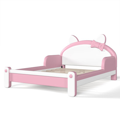 Lit plateforme pour enfant en forme de chat, rembourré, avec barrières de sécurité latérales, tête de lit rembourrée et douce, lit plateforme en bois pour chambre d'enfant, profil bas, blanc et rose.