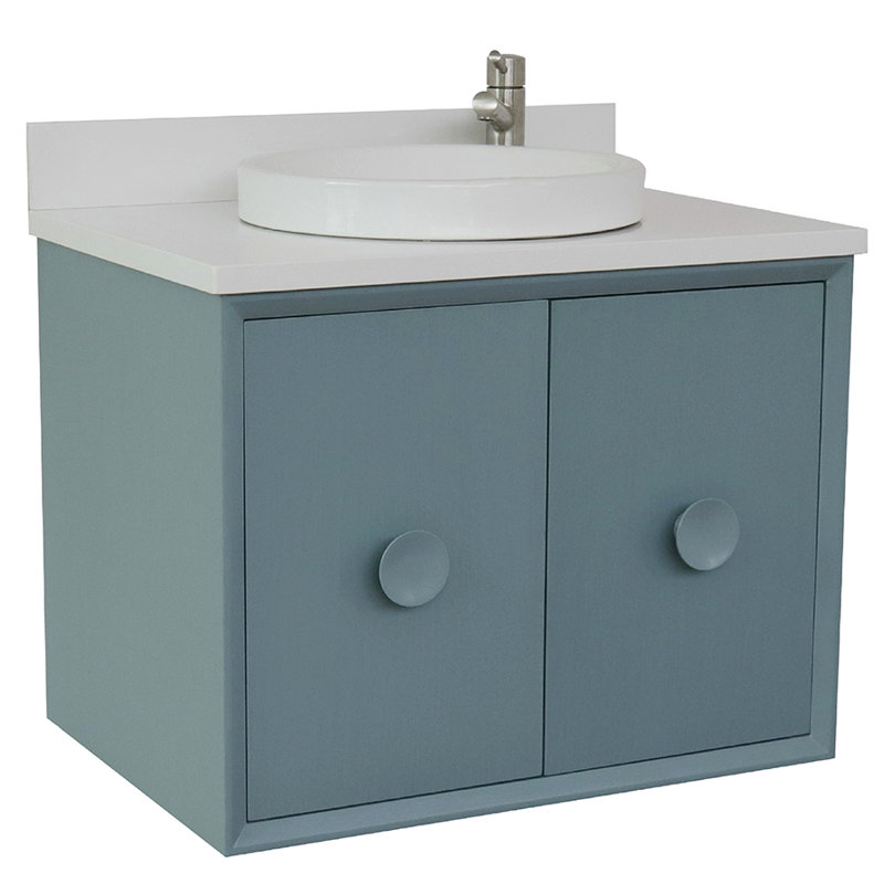 Ensemble de meuble-lavabo mural simple 31 po Crumley, Bleu aqua / quartz blanc