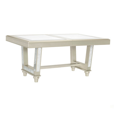 Glamorous Style Trestle Dining Table 1Pc Glass Insert Top Decor Extension Leaf Champagne Finish Dining Room Furniture