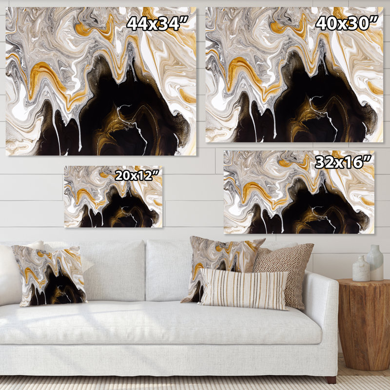Noir et blanc liquide vagues de marbre I - peinture sur toile, Toile tendue, H 30 po x l 40 po