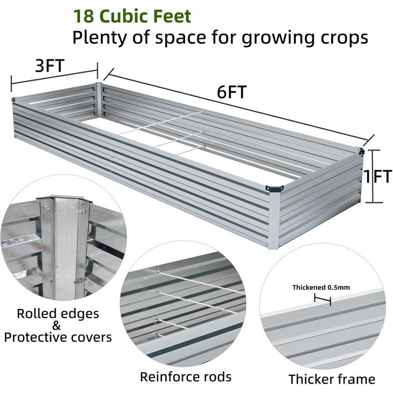 Galvanized Steel Outdoor Raised Garden Bed Planter Box, 6x3x1ft