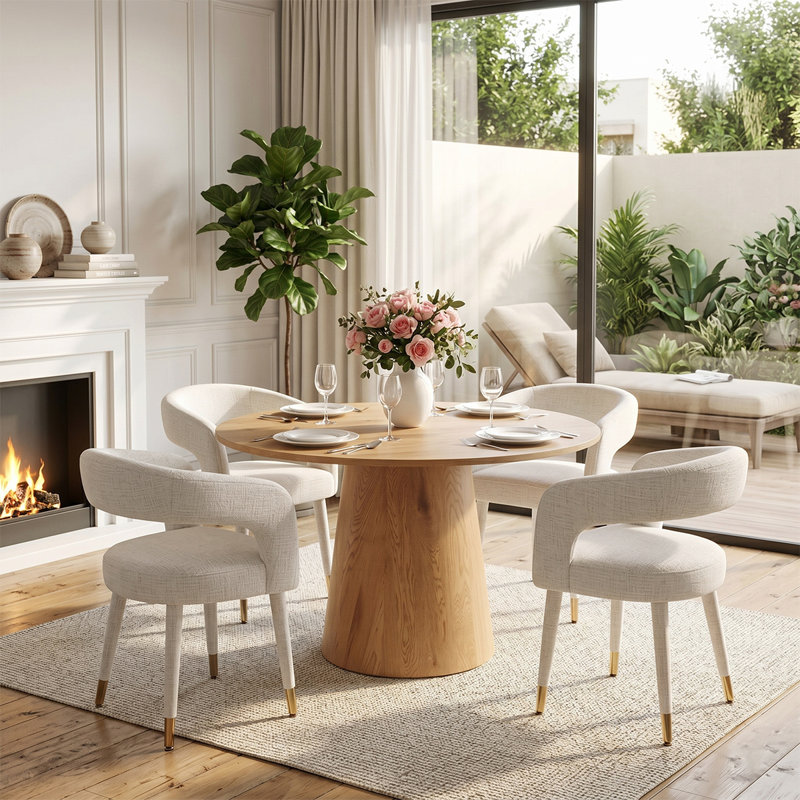 46" Round Dining Table Set For 4 With Upholstered Arm Chairs, Beige