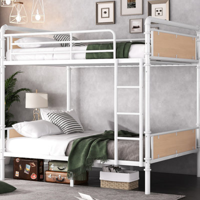Lit superposé simple au-dessus de style industriel blanc TG, barrières de sécurité, surface en métal lisse, rangement sous le lit de 8,1 po, capacité de poids détachable à 3 marches de 300 lb, garde-corps de 15,9 po, bois rétro et décor doré