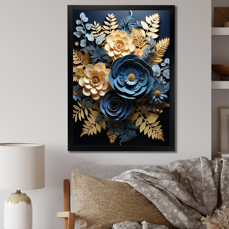 «Feena Blue Ferns Indigo Tranquility Papercut I», reproduction sur toile, H 20 po x l 12 po x P 1 po, Cadre photo noir