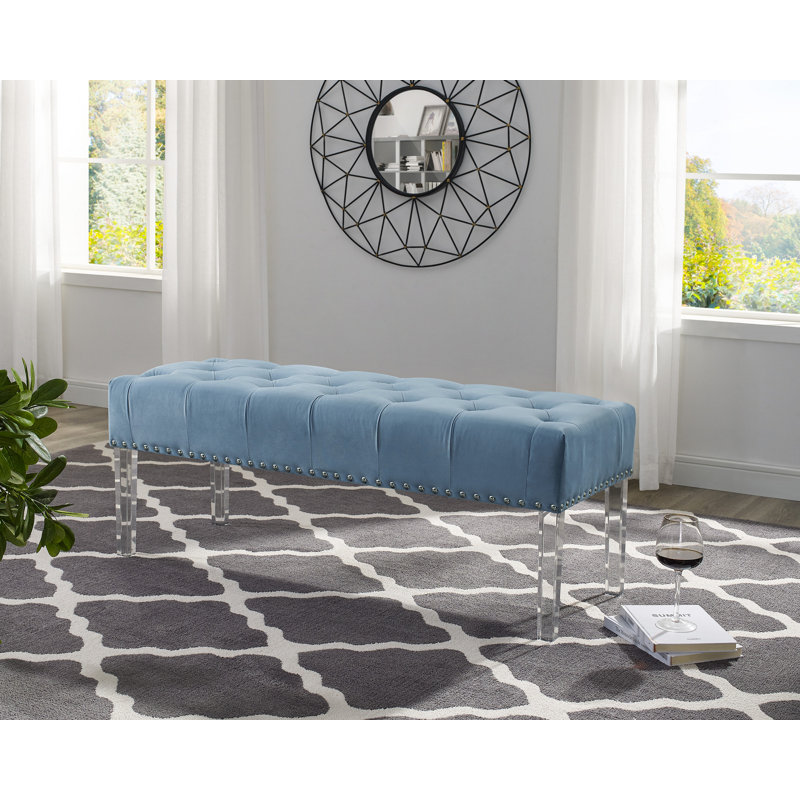 Valley Button Tufted Velvet Upholstered Bench With Acrylic Leg, Blue