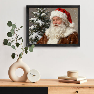 Black Framed Vintage Santa Claus preparing to give gifts in winter Wall Art American Christmas Realistic Oil Painting Style Framed Prints