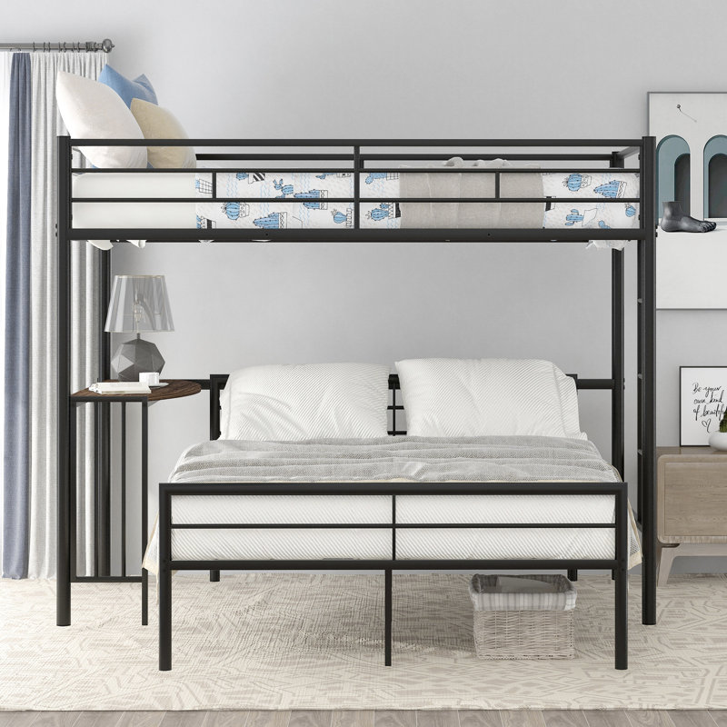 Lit superposé simple en métal avec bureau, finition thermolaquée noire pour chambre à coucher en métal, Noir, Lit double