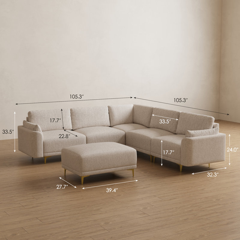 Canapé d'angle modulaire 5 places en imitation lin avec pouf, Lin beige