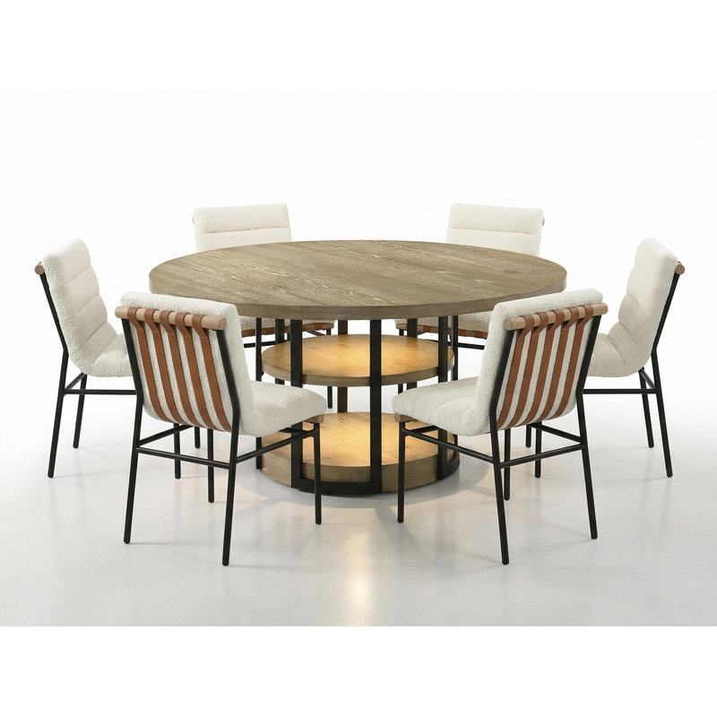 Ensemble de salle à manger rond en chêne rustique 59 "avec lumière DEL Elena