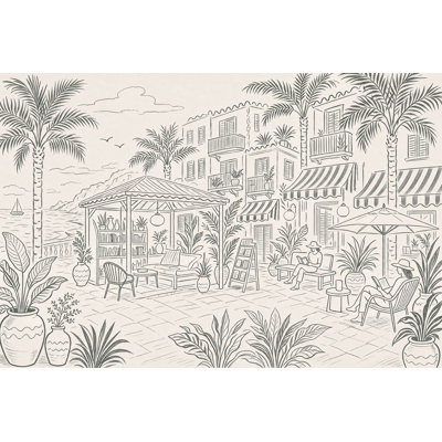 Mediterranean Coastal Terrace Wallpaper Seaside Resort Removable Palm Trees Wall Decor