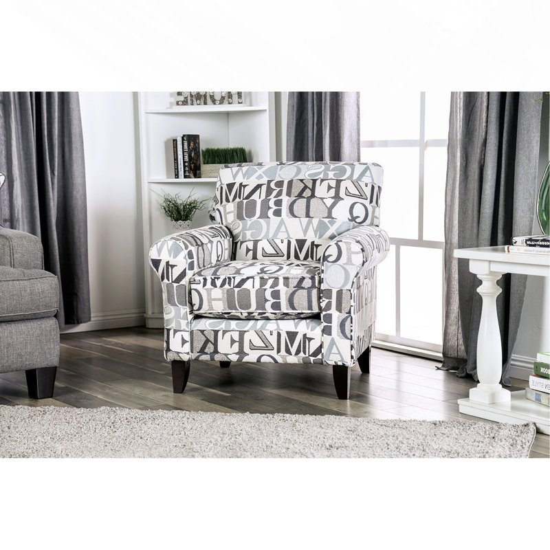 1Pc Chair Letter Pattern Medium Density Foam Wooden Legs Transitional Gray Ivory Finish Primary Living Room Furniture