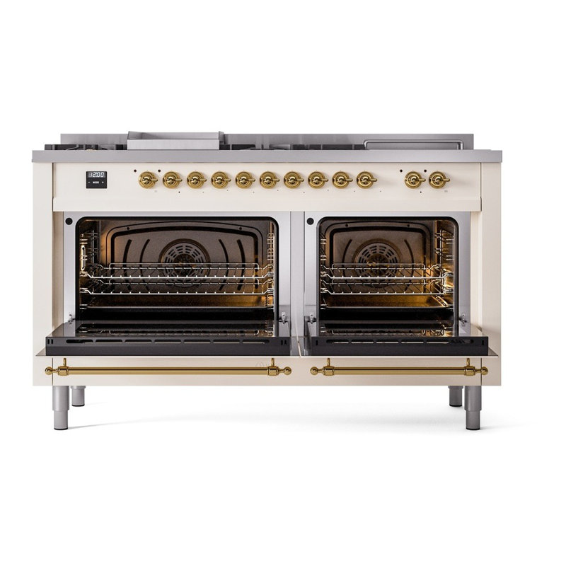 ILVE Nostalgie II Series 60 inch Dual Fuel Range with 5 Sealed Burners, Griddle, Frenchtop (Glass Door), Liquid Propane