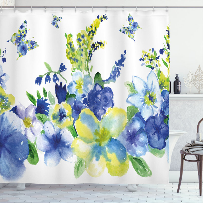 Vibrant Blue and Yellow Floral Fabric Shower Curtain with Hooks