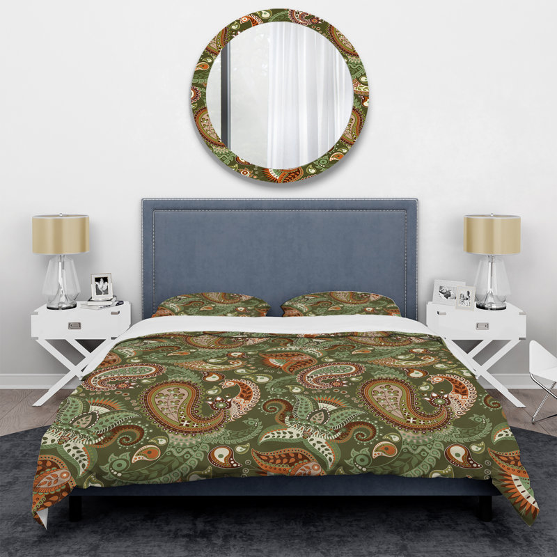 Ensemble de housse de couette motif floral à motif cachemire vert et brun, Housse de couette pour très grand lit et 2 très