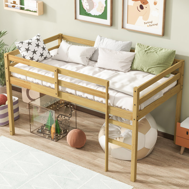 Natural Rubber Wood Twin Low Loft Bed With Ladder, Natural, Twin