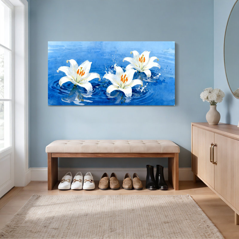 Fleurs de lys blanc sur toile bleue, reproduction d'art sur toile tendue, ensemble de 1, H 28 po x l 58 po