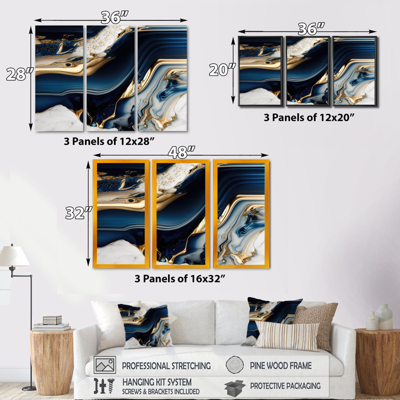 «Abstract Geode Waves Blue V», reproduction sur toile 3 pièces, H 32 po x l 48 po x P 1 po, Toile tendue