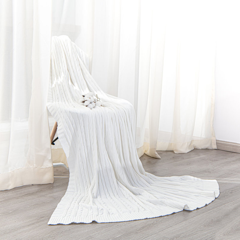 Couverture en coton tricoté , Blanc, L 80 po x l 60 po