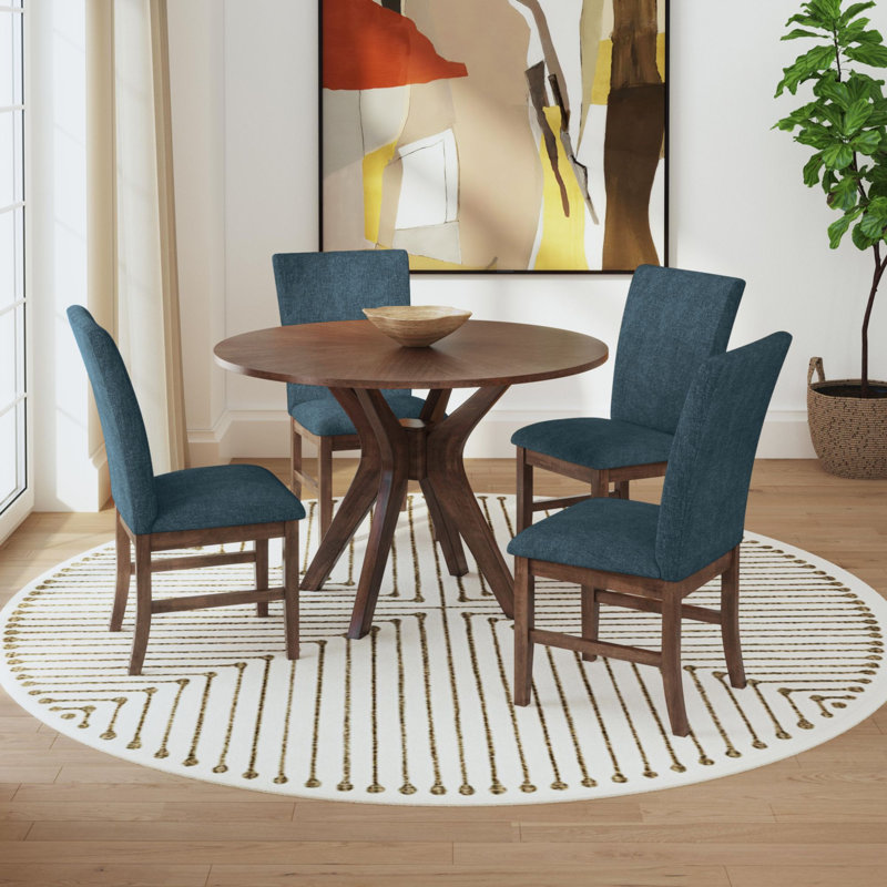 Ensemble de salle à manger Leana 5 pièces, hauteur standard, en noyer - Table ronde et quatre chaises en tissu bleu denim