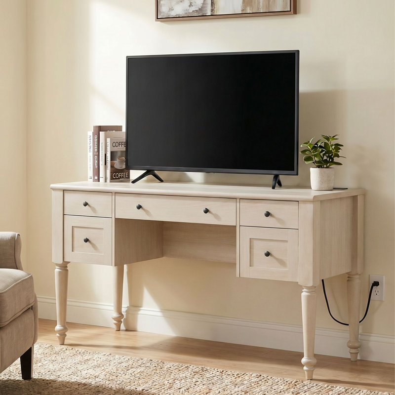 Morden TV Stand for 60 inch TV with 5 Drawers, Wooden Universal TV Stand with Storage Cabinets, Vintage Office Desk with Charging Station, Entertainment Center TV Console Table for Living Room, Beige
