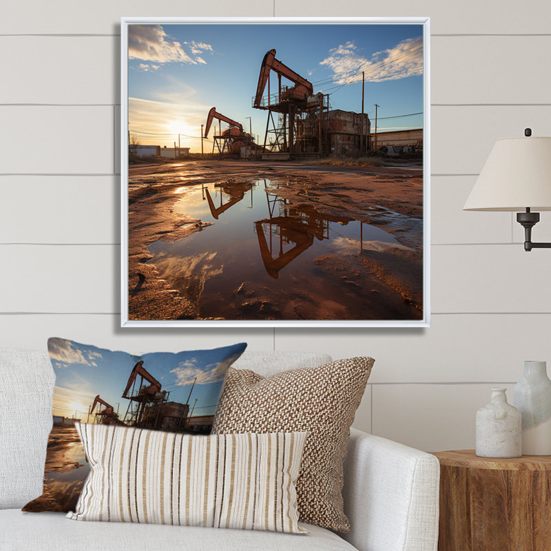 Texas Oil Field With Oil Drill - Industrial Canvas Print, Cadre flottant blanc, H 36 po x l 36 po x P 1,5 po